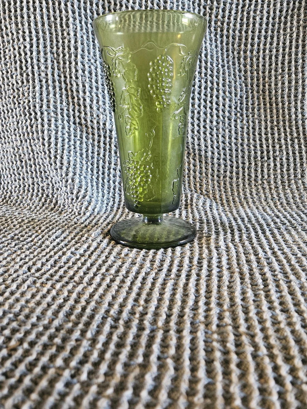 Green Pressed Glass Goblet with Grape Motif